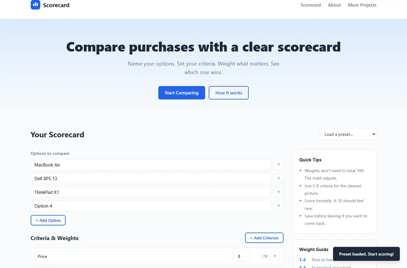 Screenshot of Purchase Comparison Scorecard interface showing the project page in use